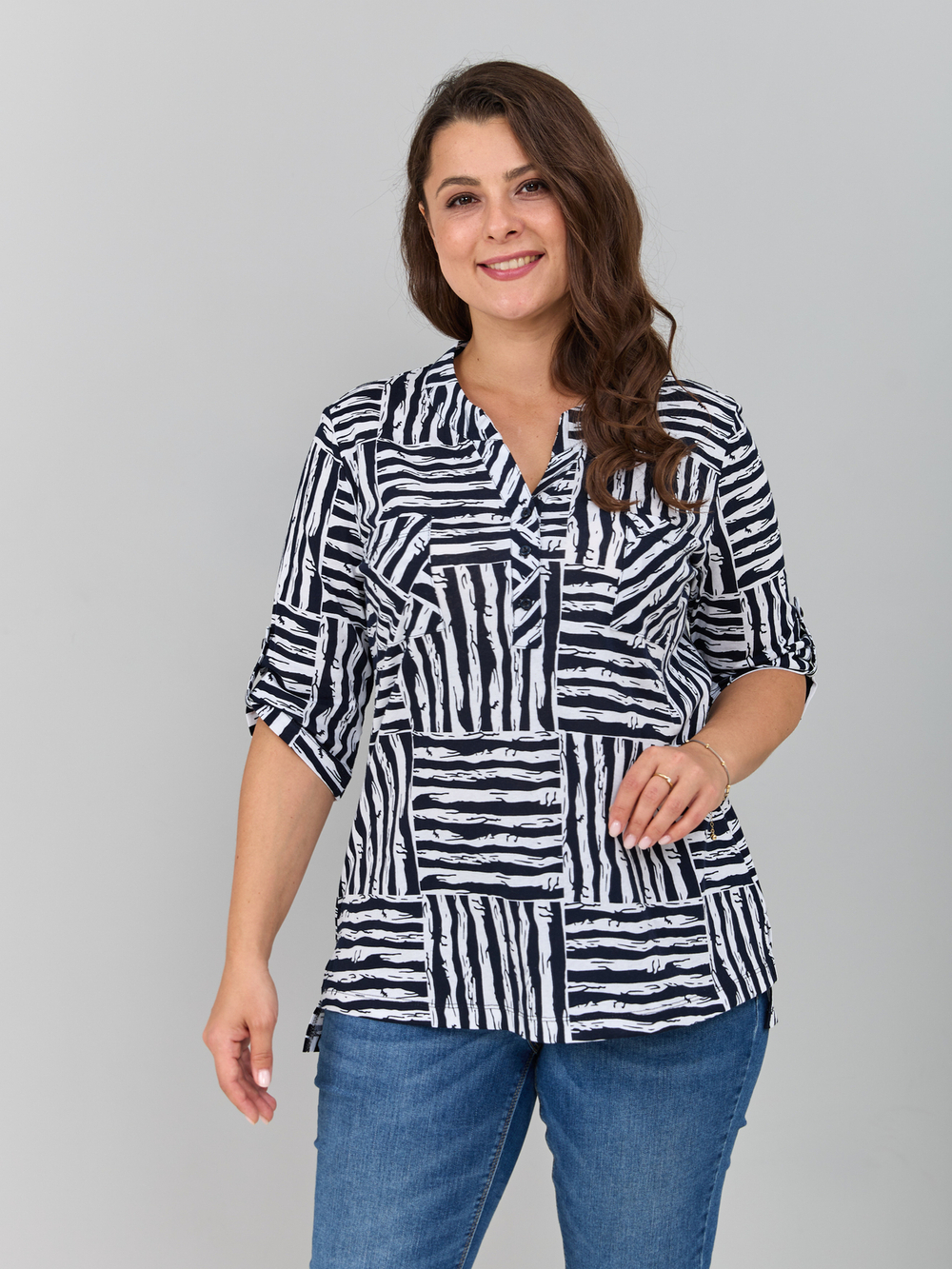 Блузка БЛ-131/синий-полосаквадрат