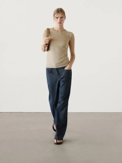 Massimo Dutti Футболка с рукавами реглан и блестящей окантовкой, золотистый