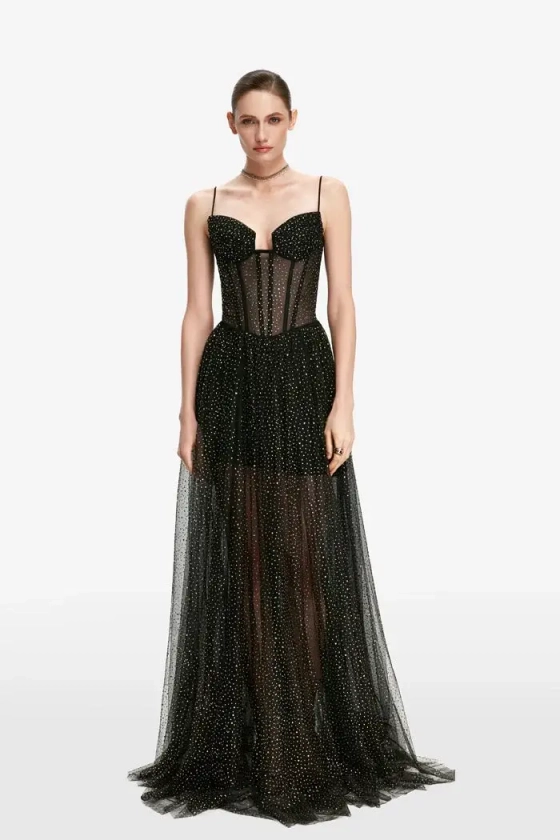 Платье макси корсетное из сетки со стразами с объемной юбкой