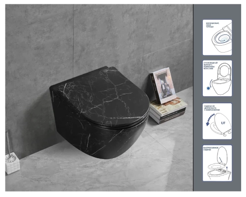 Унитаз SELLA Aria Tornado MMB подвесной безободковый черный мрамор матовый со смывом торнадо Ceruttispa CT9531 (490х370х370)
