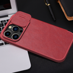 Кожаный чехол книжка красного цвета от Nillkin для iPhone 15 Pro, серия Qin Pro Leather с защитной шторкой для камеры