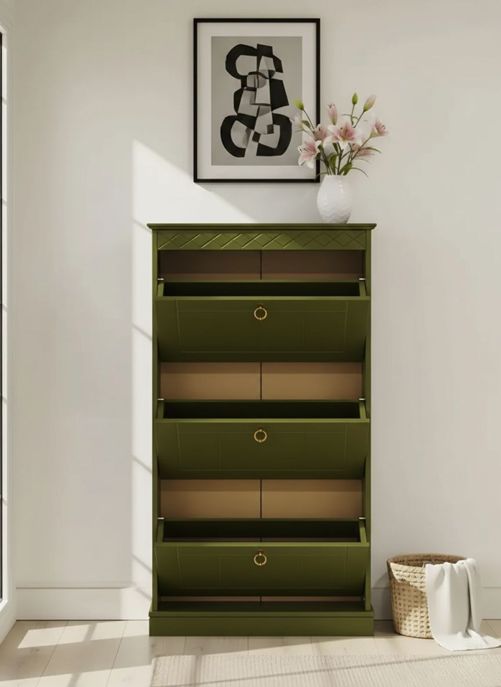 Обувница 123х66х21, Индра, тумба для обуви для прихожей, МДФ, оливковый, Dipriz