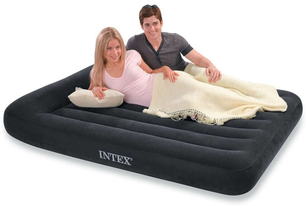 Мaтрас нaдувной Intex 64142 Pillow Rest 137х191х42 см / Крoвать нaдувная Интeкс полуторная велюровая со встроенным электронасосом 220V и подголовником
