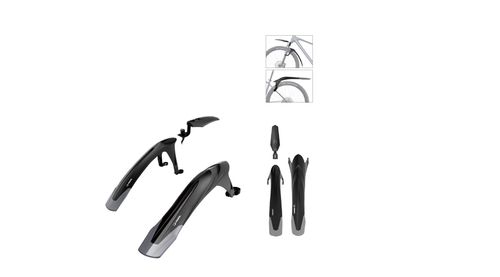 Крылья RBRL MTB 24-29", комплект передне/заднее, крепеж: переднее на штаны вилки и в шток вилки, заднее на задние перья рамы; для покрышки max 2.5", пластиковые, серо-черные (30)