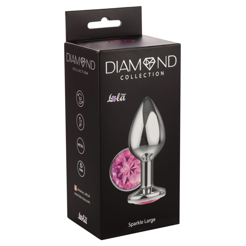 Большая серебристая анальная пробка Diamond Pink Sparkle Large с розовым кристаллом - 8 см.