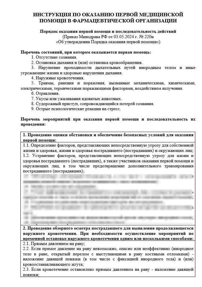 Инструкция по оказанию первой медицинской помощи в оптовой фармацевтической организации
