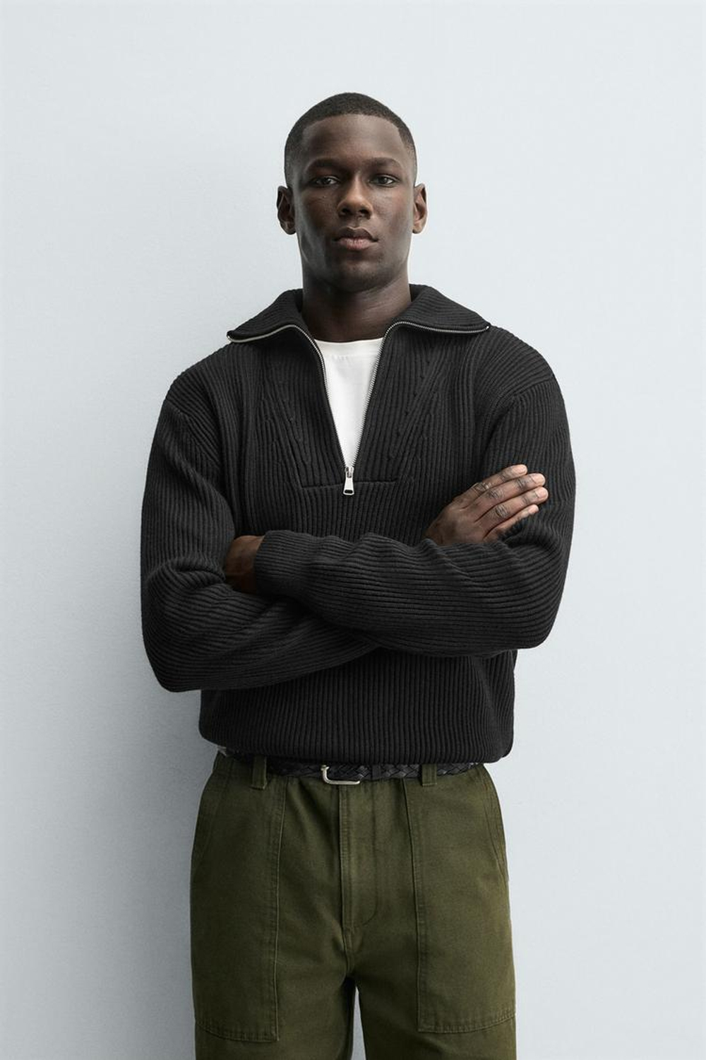 ZARA ДЖЕМПЕР ВЯЗАНЫЙ ЖЕМЧУЖНЫЙ С ВОРОТНИКОМ НА МОЛНИИ, ЧЕРНЫЙ