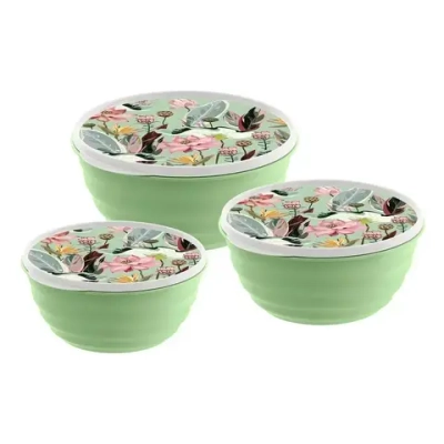 Комплект мисок Latina 3 шт. (1,1л+2,1л+3,2л) с крышками с декором (зеленый)