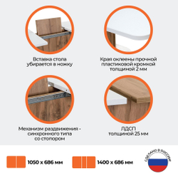 Стол обеденный GENT ЛДСП, 110-145x68,6x75,5 см, Дуб вотан/Белый