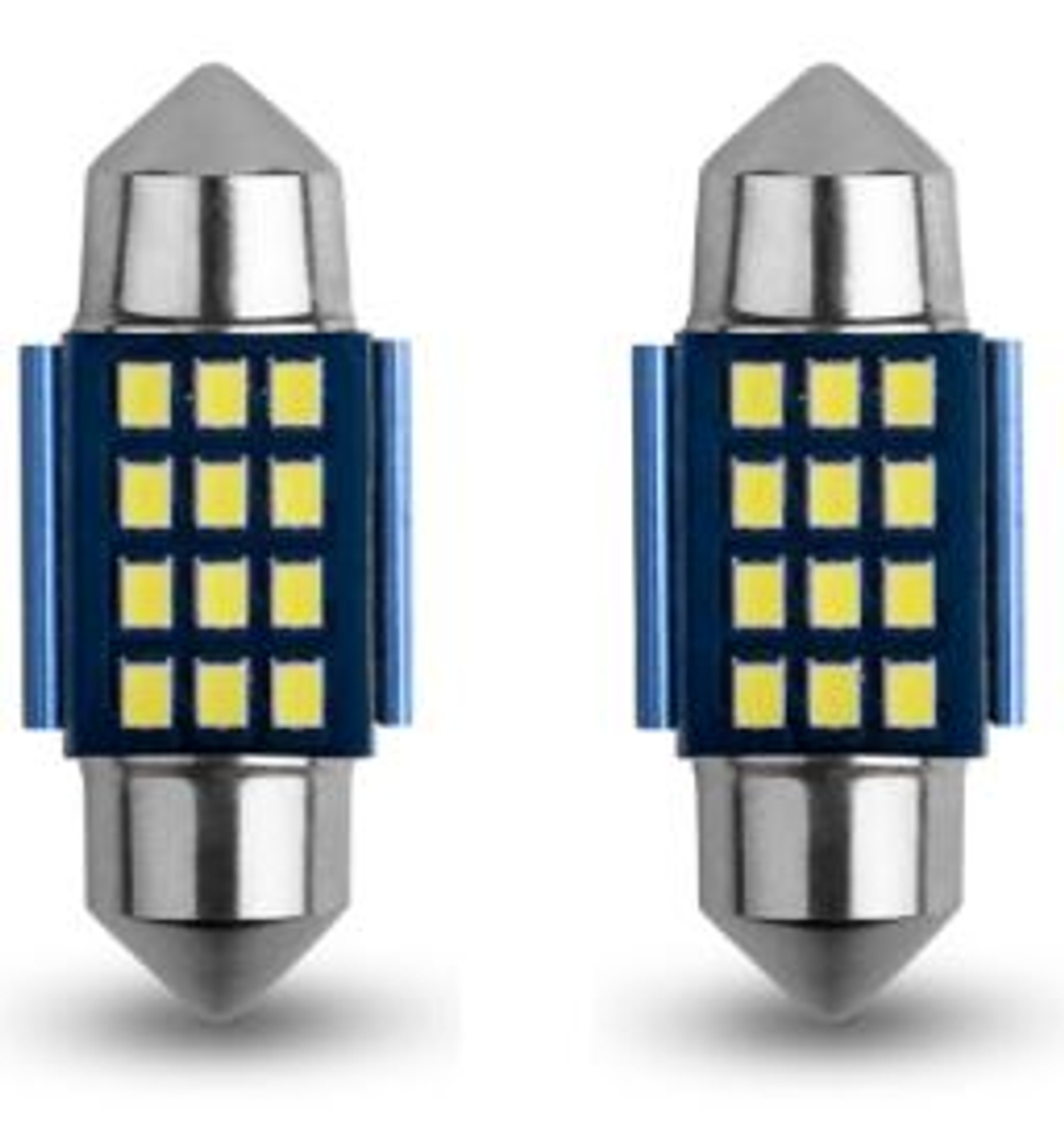 Светодиод 12V T11x36  12SMD 2016 WHITE CAN 2,4W (салон) с радиатором синий фон (бл2шт) GQY-5069