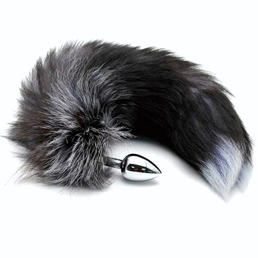 Серебристая анальная пробка с темным лисьим хвостом Black & White Fox Tail Size S (Цвет: серебристый)