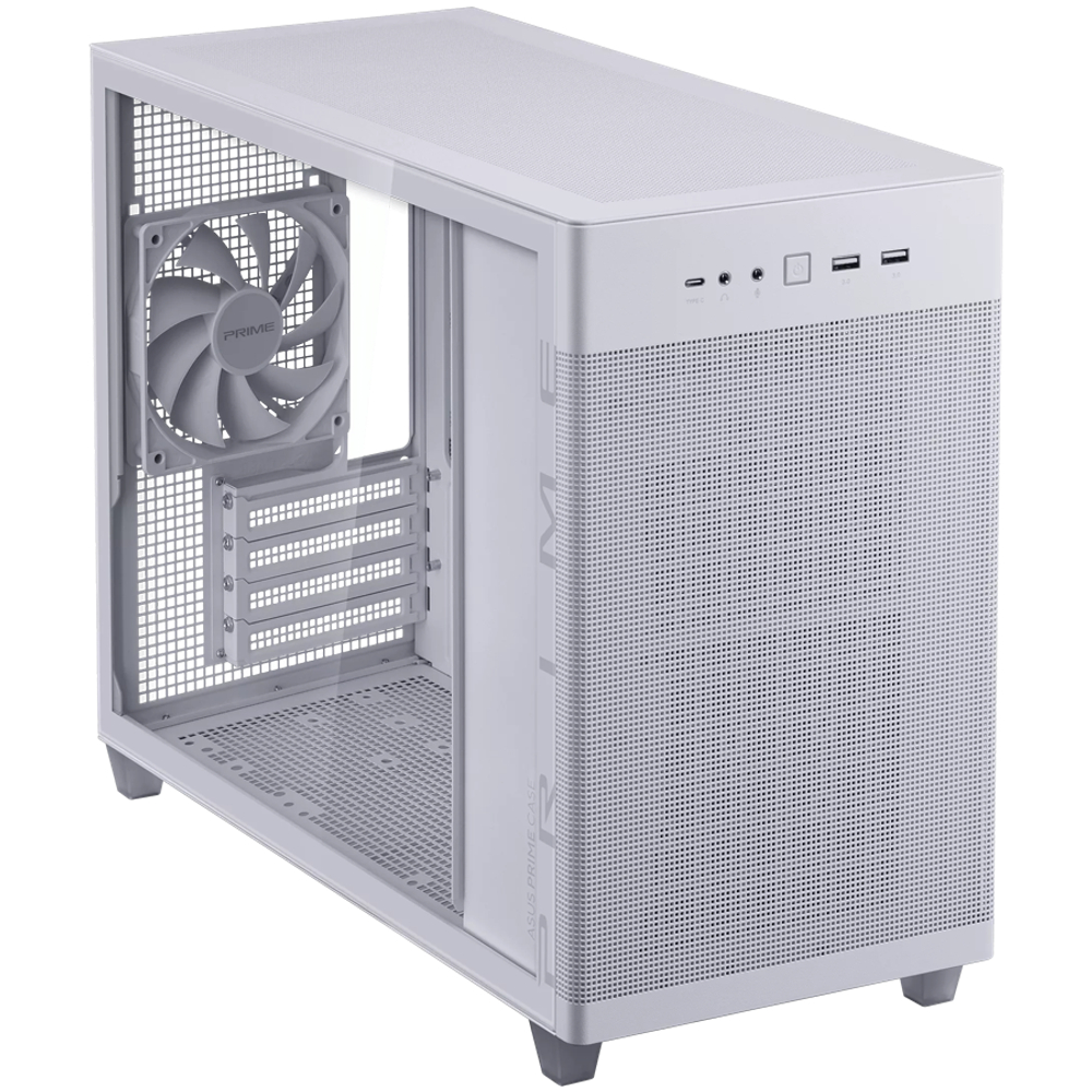 Корпус ASUS Prime AP201 Tempered Glass MicroATX Case White - stylish 33-liter MicroATX case with tool-free side panels, with support for 360 mm coolers, graphics cards up to 338 mm long, and standard ATX PSUs