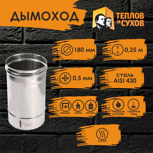 Труба одностенная нержавейка для дымохода 0.25 м (430/ 0,5) Ф180 Теплов и Сухов