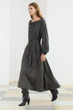 ZARA ПЛАТЬЕ МИДИ С ДЛИННЫМИ РУКАВАМИ И ПОЯСОМ, СЕРЫЙ