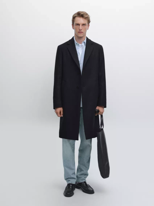 Massimo Dutti Длинное пальто из 100% шерсти с лацканами, темно-синий