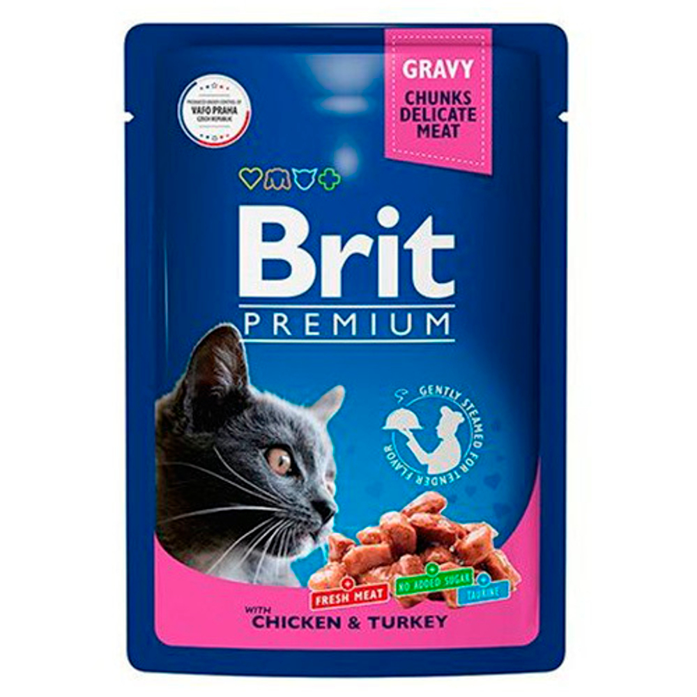 Пауч для взрослых кошек, Цыпленок и Индейка в соусе, 85г, 5048823 BRIT PREMIUM,