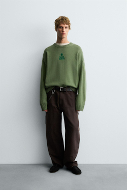 ZARA ДЖЕМПЕР BOXY FIT С ПРИНТАМИ, ЗЕЛЕНЫЙ