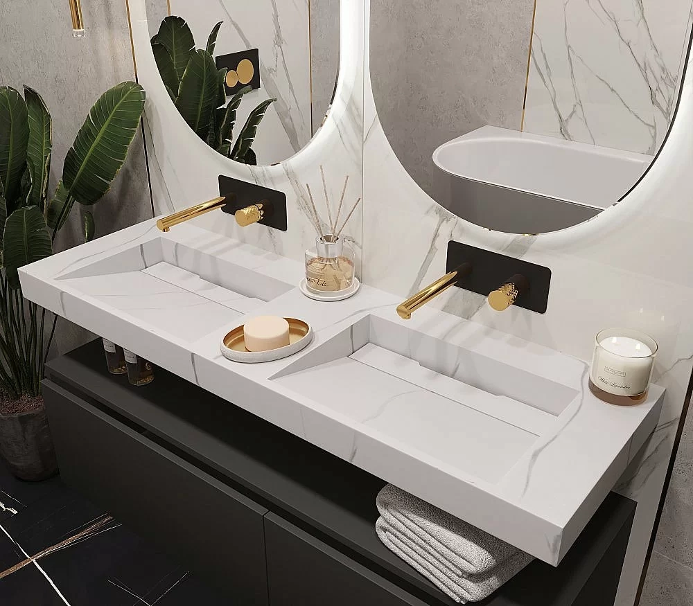 Раковина-моноблок двойная Armadi Art Flat Calacatta 859-140-CLCT белый мрамор