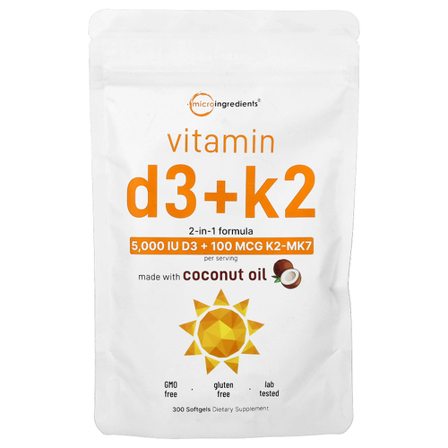 Micro Ingredients, витамины D3 и К2, 300 капсул