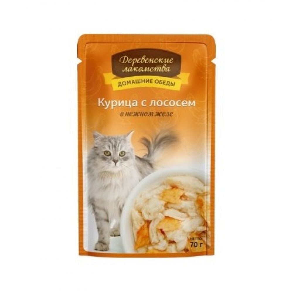 Деревенские Лакомства Пауч для кошек Курица с Лососем в желе, 70гр (М)