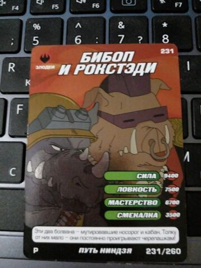 Коллекционная игровая карточка ЧЕРЕПАШКИ-НИНДЗЯ Боевая четвёрка: Путь ниндзя 231 (№ 231/260 ) "Бибоп и Рокстэди"-редкая