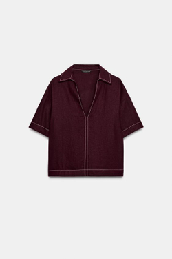 ZARA ТОП ИЗ ЛЬНА С КОНТРАСТНОЙ ОТДЕЛКОЙ, БУРГУНДИ