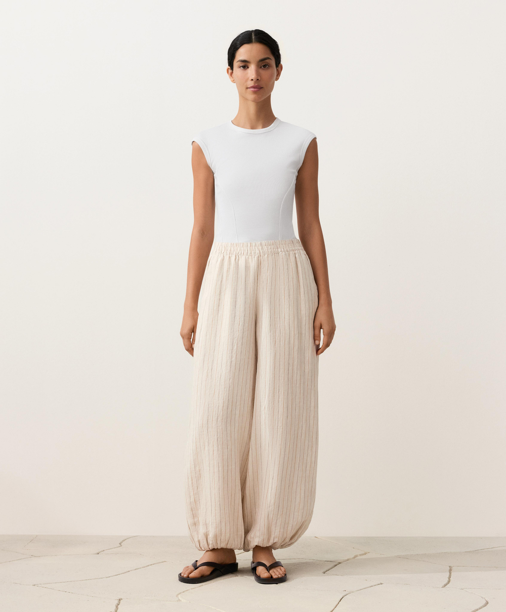 OYSHO Полосатые брюки из 100% льна, песочный меланж