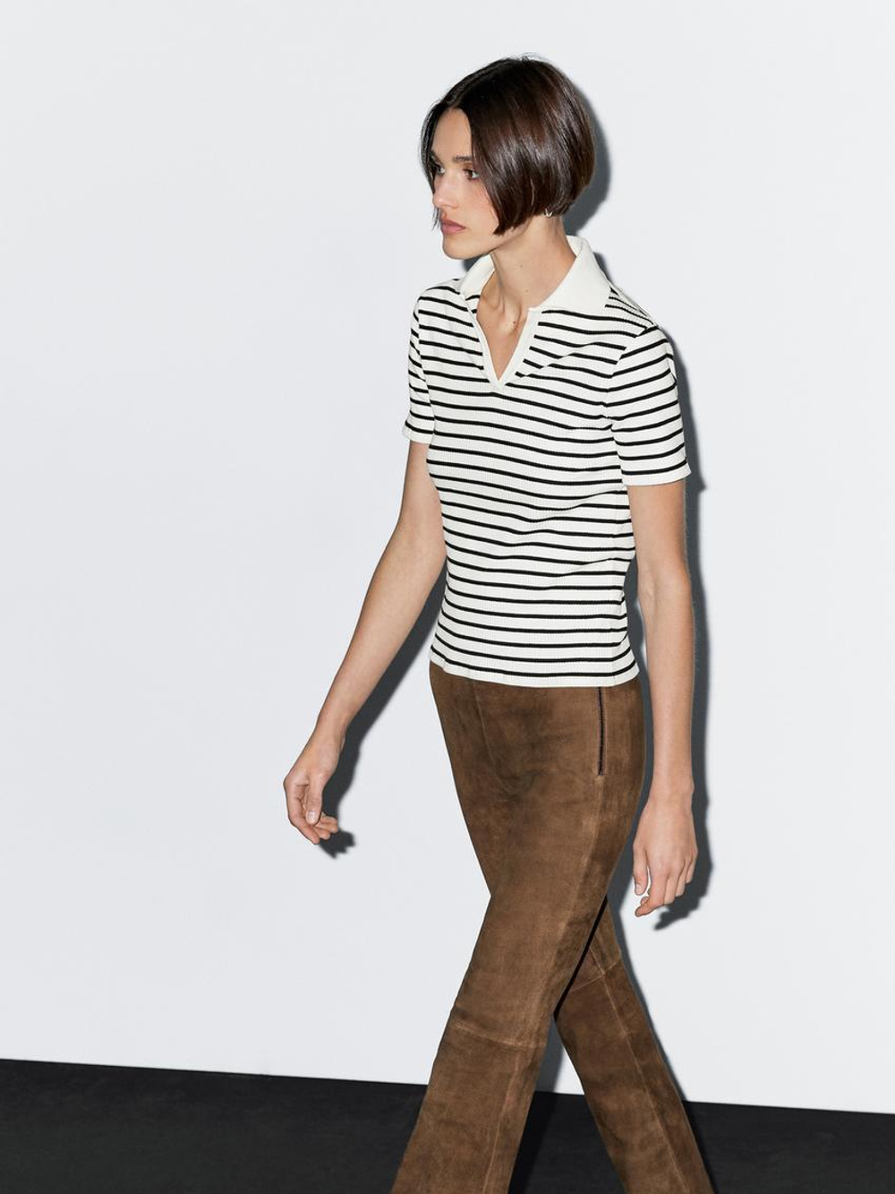 Massimo Dutti Футболка поло из смесового хлопка в полоску, натуральный, кремовый