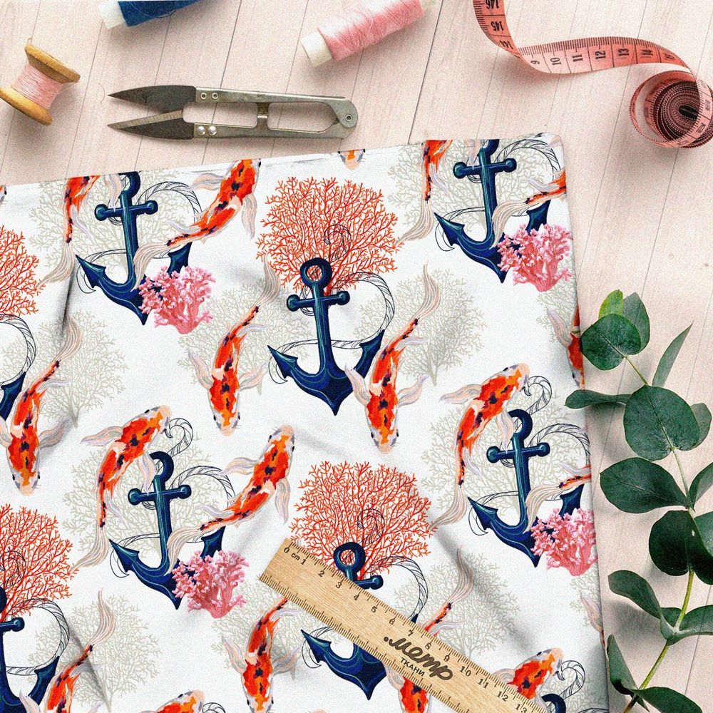 Ткань габардин якорь золотые карпы кораллы