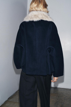 ZARA КУРТКА ИЗ ШЕРСТИ С МЕХОВЫМ ВОРОТНИКОМ — ZW COLLECTION, МОРСКОЙ СИНИЙ