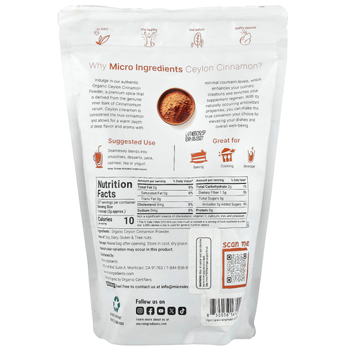 Micro Ingredients, Порошок органической цейлонской корицы, 454 г (1 фунт)