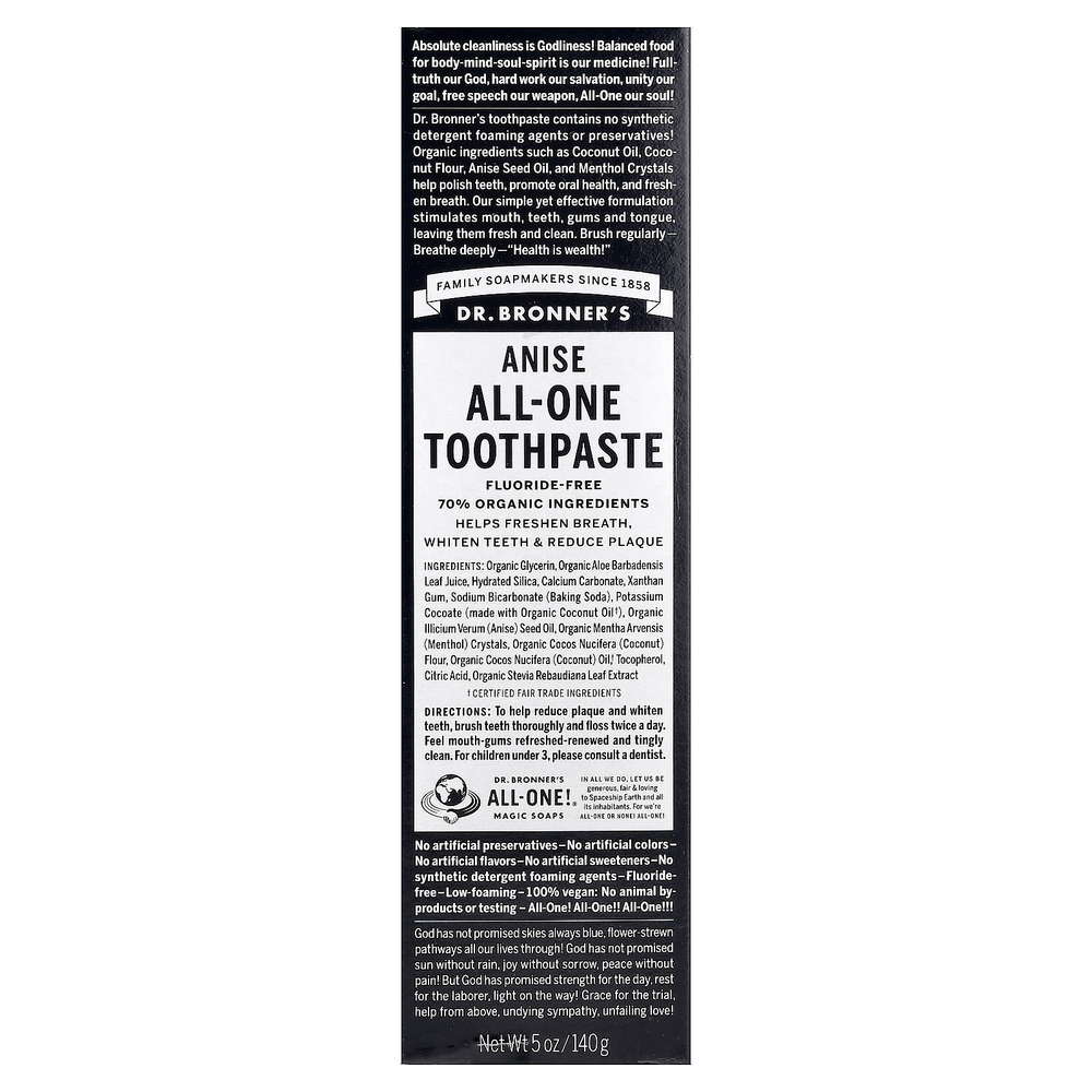 Dr. Bronner's, универсальная зубная паста без фторидов, анис, 140 г (5 унций)
