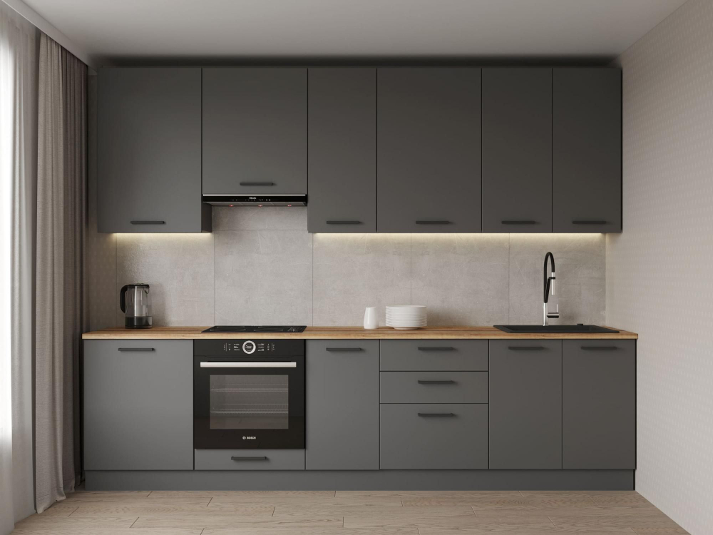 Кухонный гарнитур Антрацит (графит) 3000 мм столешница 26 мм, верхние шкафы 950 мм, ЛДСП, прямая просторная кухня с увеличенным хранением для гостиной, студии и большой семьи