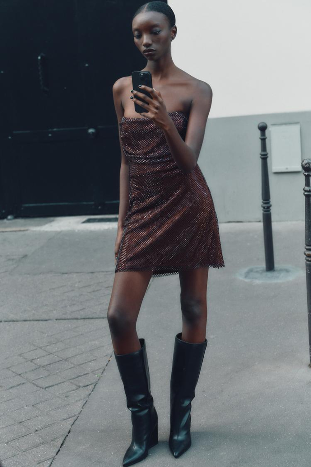 ZARA ПЛАТЬЕ БЕЗ БРЕТЕЛЕК С БЛЕСКОМ, БАКЛАЖАННЫЙ