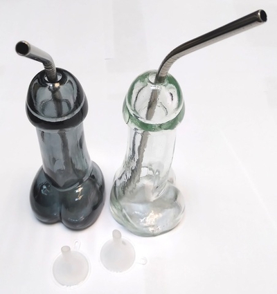 Набор бокалов черный и прозрачный в форме пениса 150 мл воронка и трубочка