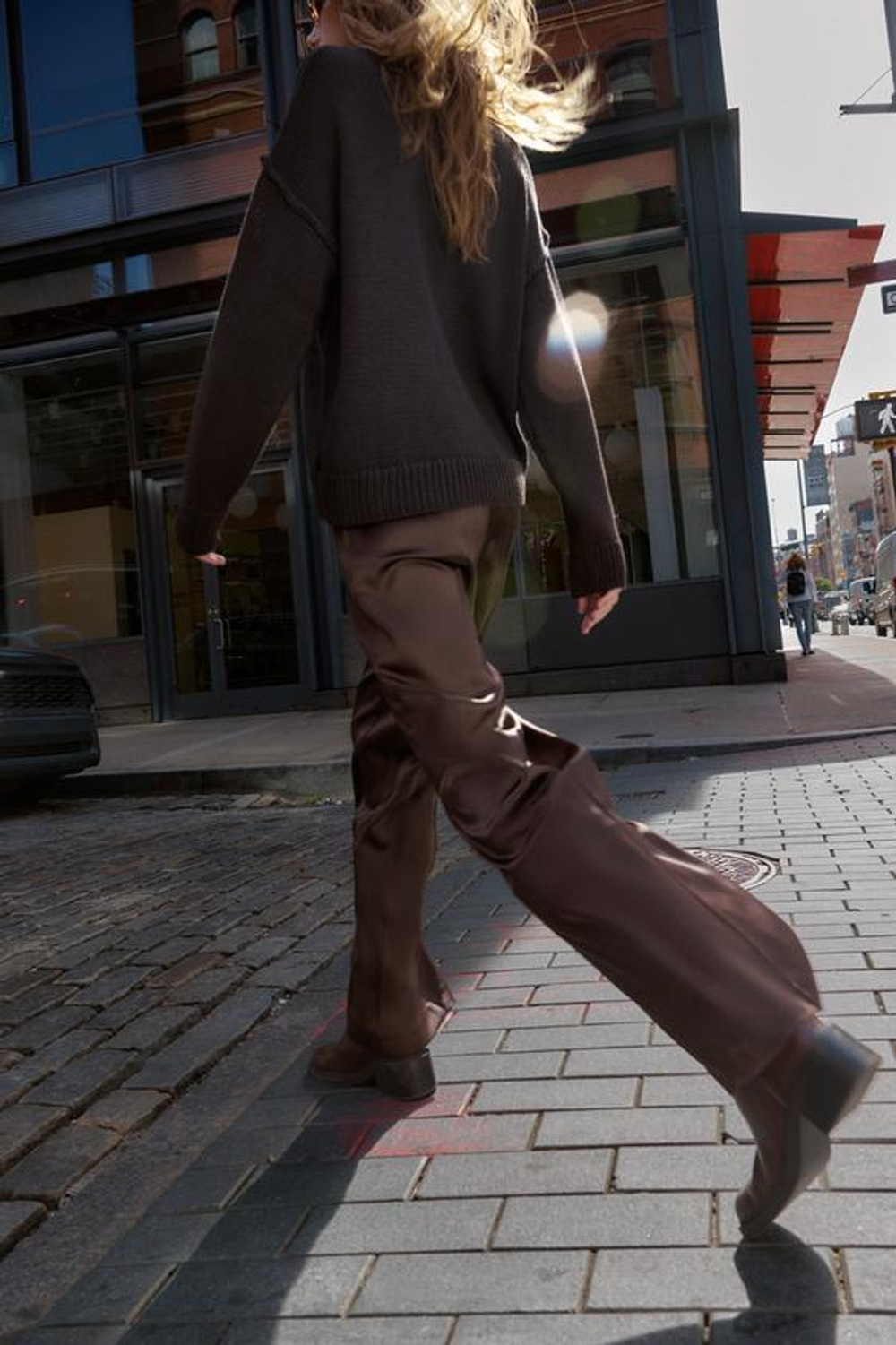 ZARA АТЛАСНЫЕ БРЮКИ ПРЯМОГО КРОЯ, КОРИЧНЕВЫЙ