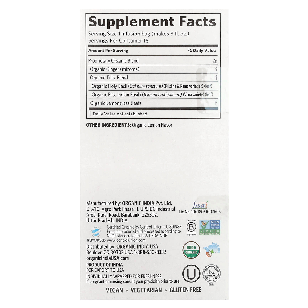Organic India, чай тулси с лимоном и имбирем, без кофеина, 18 пакетиков для заваривания, 36 г (1,27 унции)