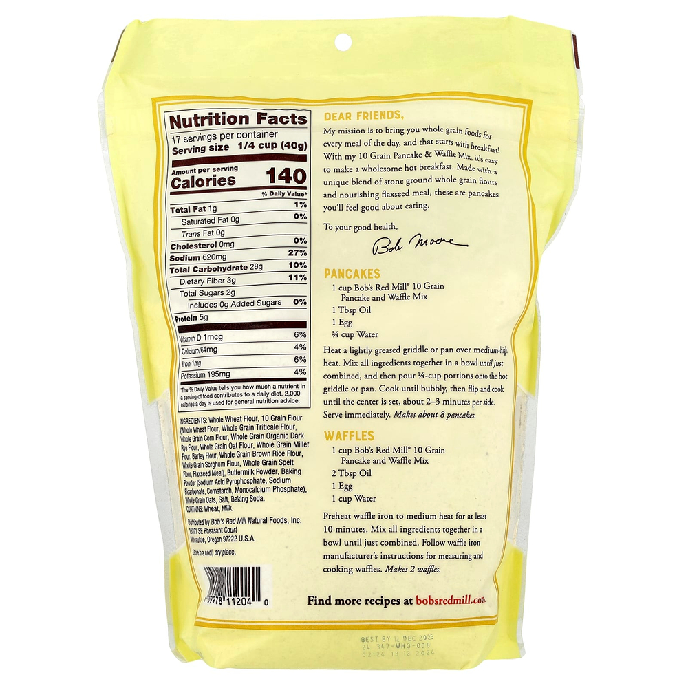 Bob's Red Mill, Смесь для блинов и вафель из 10 злаков, цельнозерновые, 680 г (24 унции)