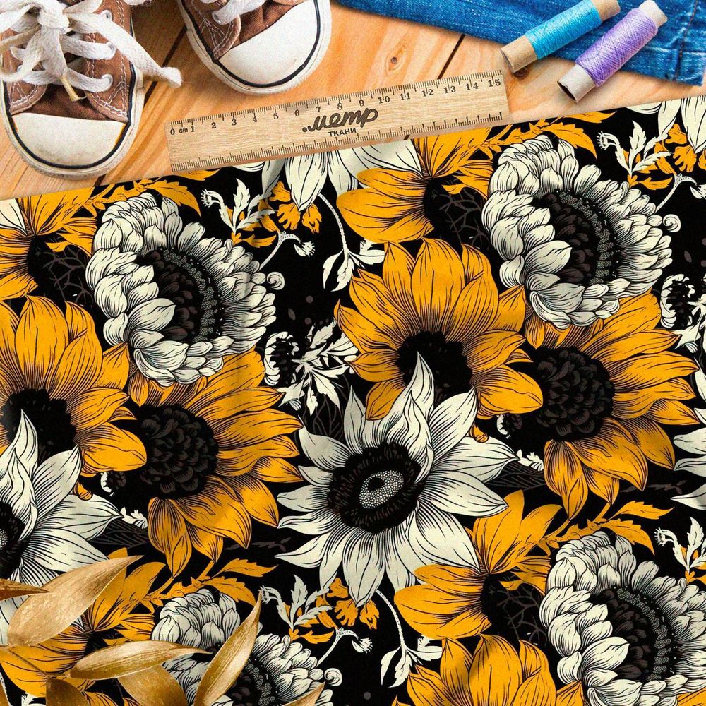 Ткань премиум бифлекс ночное поле подсолнухов