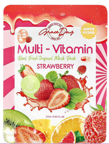 GRACE DAY ТКАНЕВАЯ МАСКА ДЛЯ ЛИЦА С ПОЛИВИТАМИНАМИ И ЭКСТРАКТОМ КЛУБНИКИ MULTI-VITAMIN STRAWBERRY MASK PACK, 27 МЛ