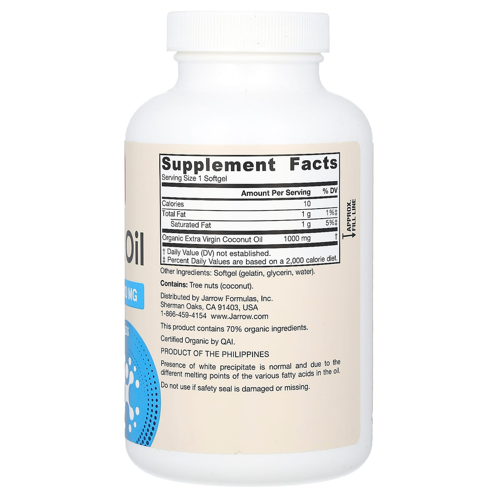 Jarrow Formulas, нерафинированное кокосовое масло высшего качества, 1000 мг, 120 капсул