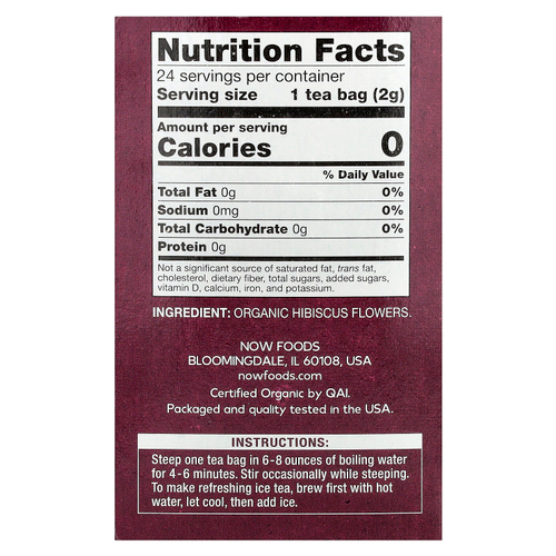 NOW Foods, органический чай гибискуса, без кофеина, 24 чайных пакетика, 48 г (1,7 унции)