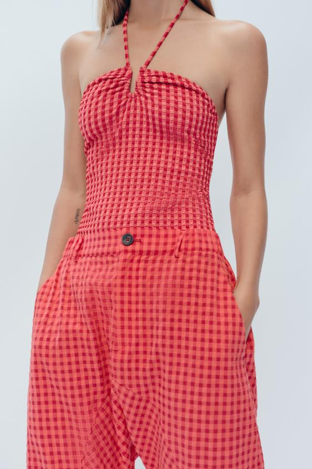 ZARA БРЮКИ CARROT FIT В КЛЕТКУ — LIMITED EDITION, КРАСНЫЙ/КОРАЛЛОВЫЙ