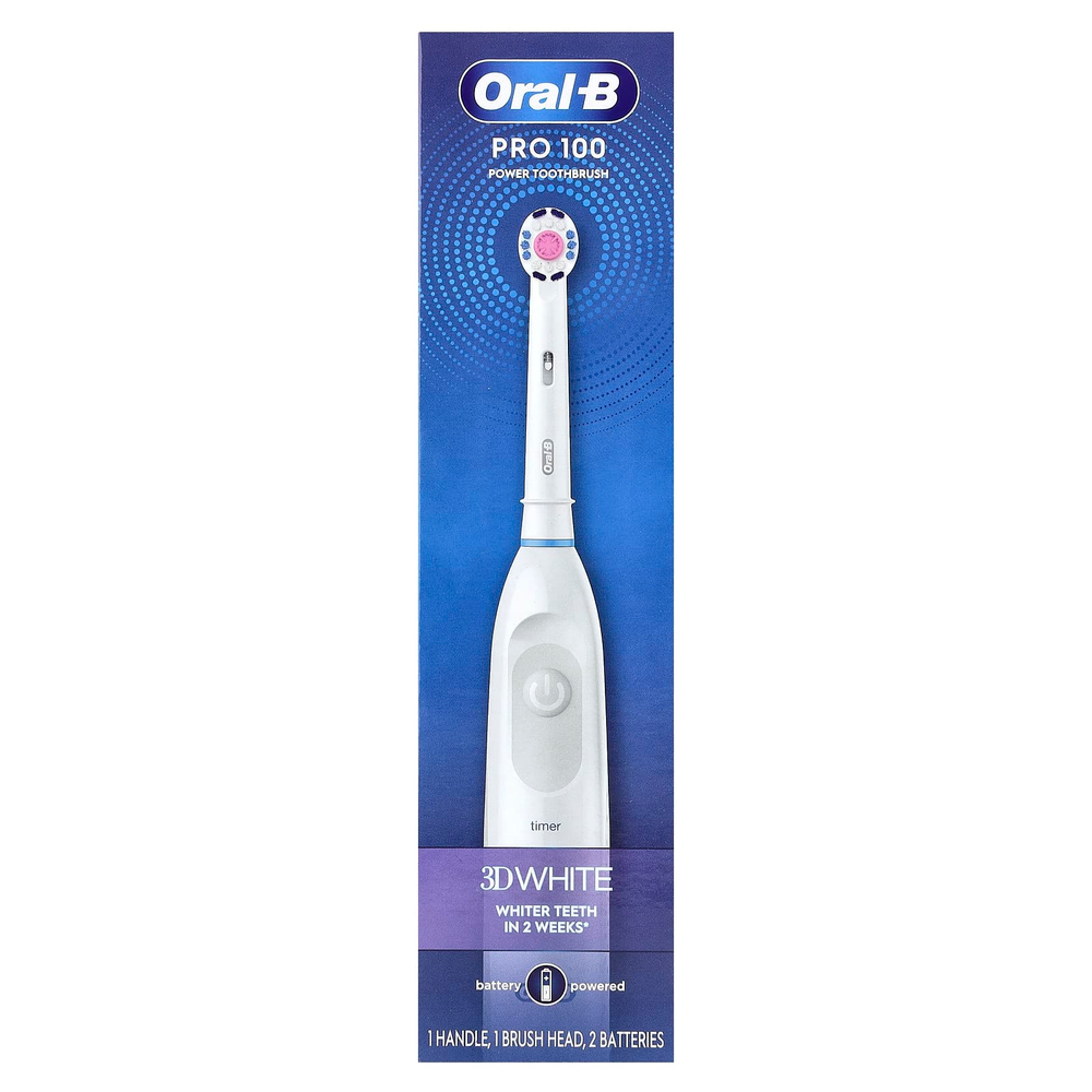 Oral-B, 3D White, Pro 100, зубная щетка на батарейках, белый цвет, 1 зубная щетка