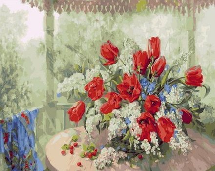 Картины по номерам 40х50 Тюльпаны с черемухой (худ. Дандорф О.) (RDG-4611)