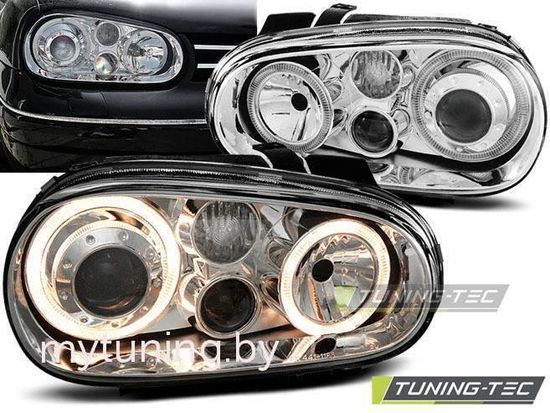Передние фары VW Golf 4 angel eyes chrome