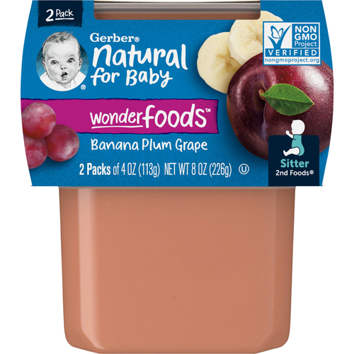 Gerber, Natural for Baby, Wonder Foods™, 2nd Foods®, банан, слива и виноград, 2 пакетика по 113 г (4 унции)