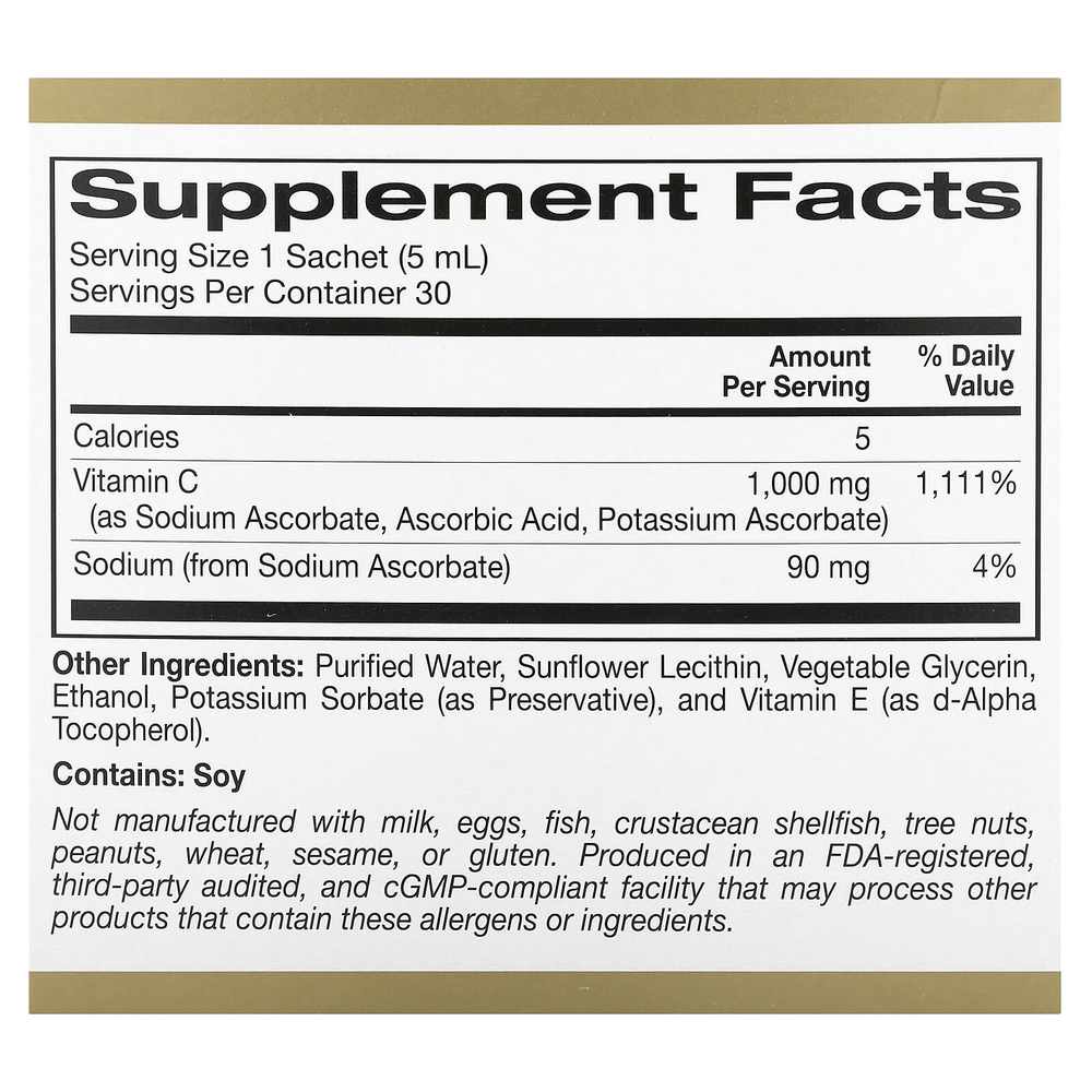 California Gold Nutrition, липосомальный витамин C в жидкой форме,  без вкуса, 1000 мг, 30 пакетиков по 5 мл (0,17 жидк. унции)