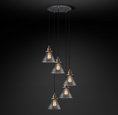 Подвесной дизайнерский светильник  20th C. Factory Filament Smoke Glass Funnel Round  Pendant by Restoration Hardware