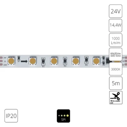 Светодиодная лента 24V 14,4W/m 3000К 5м IP20 Arte Lamp SPI